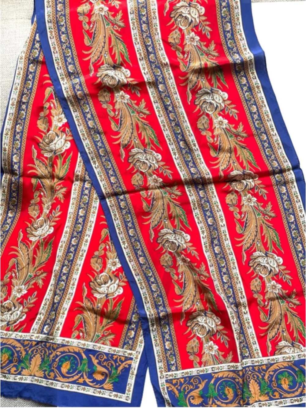 Adrienne Vittadini Silk Scarf Red Blue Baroque Floral Print Long